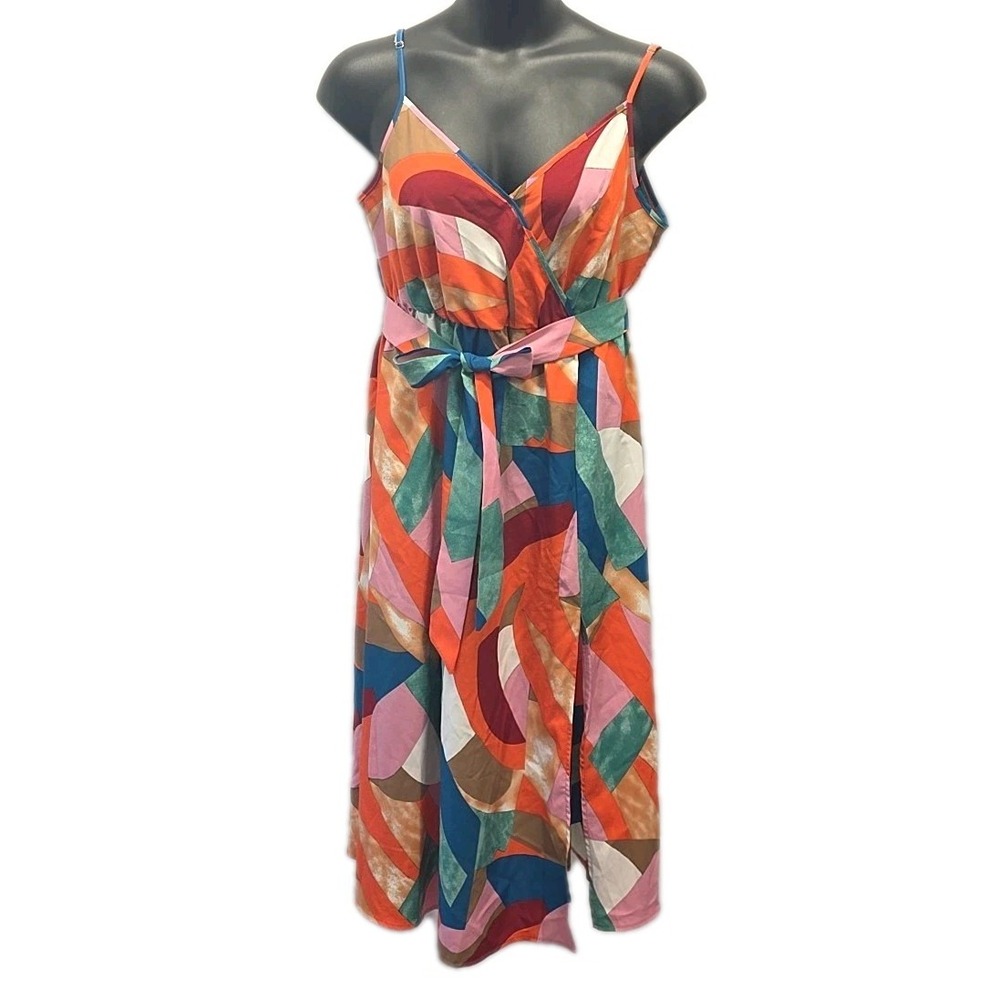 SHEIN Curve Midi Dress Women 0XL Multicolor Geometric Wrap V-Neck Tie Waist